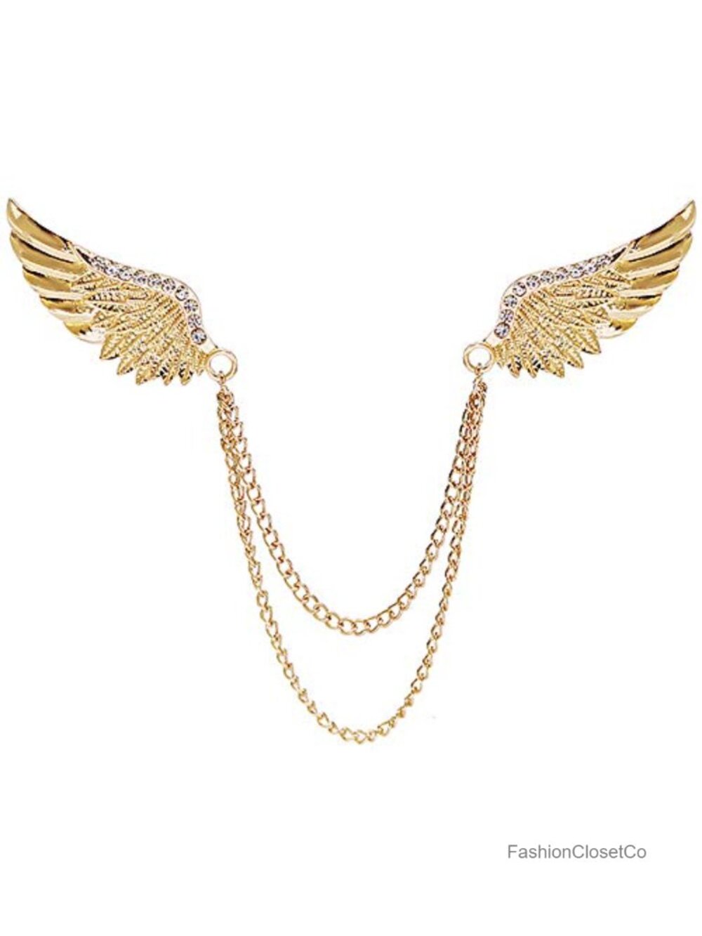 Angel Wings Chain Brooch Collar Pin Rhinestone Metal Feather Lapel Pin